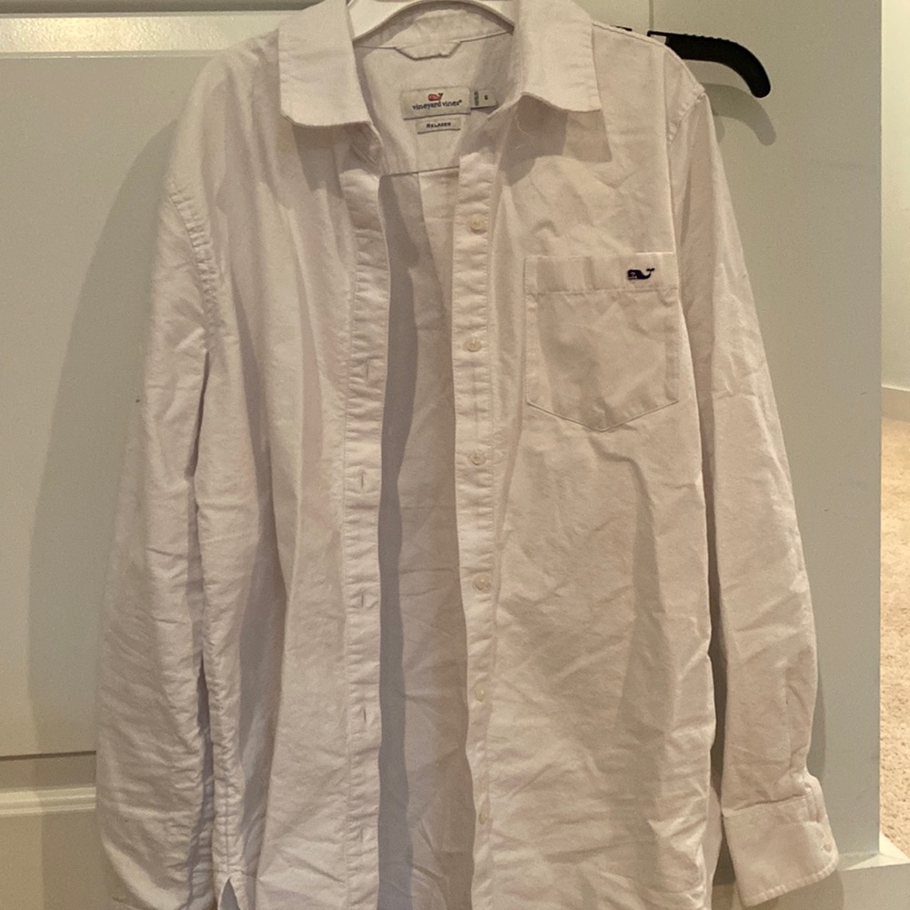 Vineyard vines relaxed button down.  But it fits small.